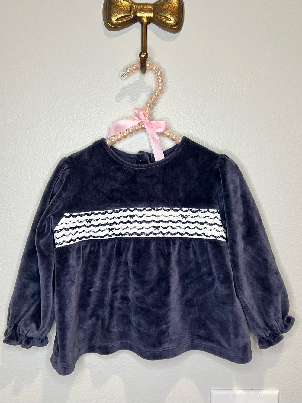 The Beaufort Bonnet Company Navy Velvet Top with White Smocked Panel